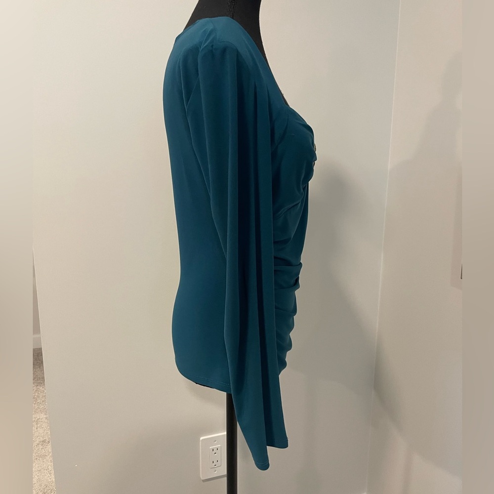 Vintage Frank Lyman Teal Gathered Blouse with Bust Bling GUC - Picture 3 of 7